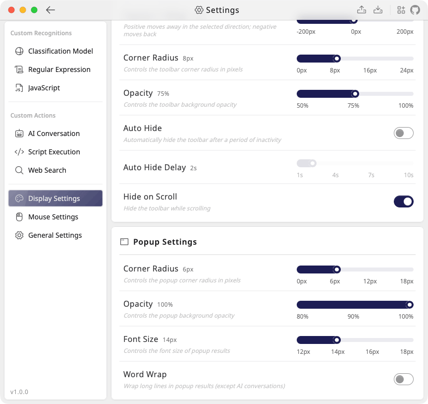 TextGO popup display settings